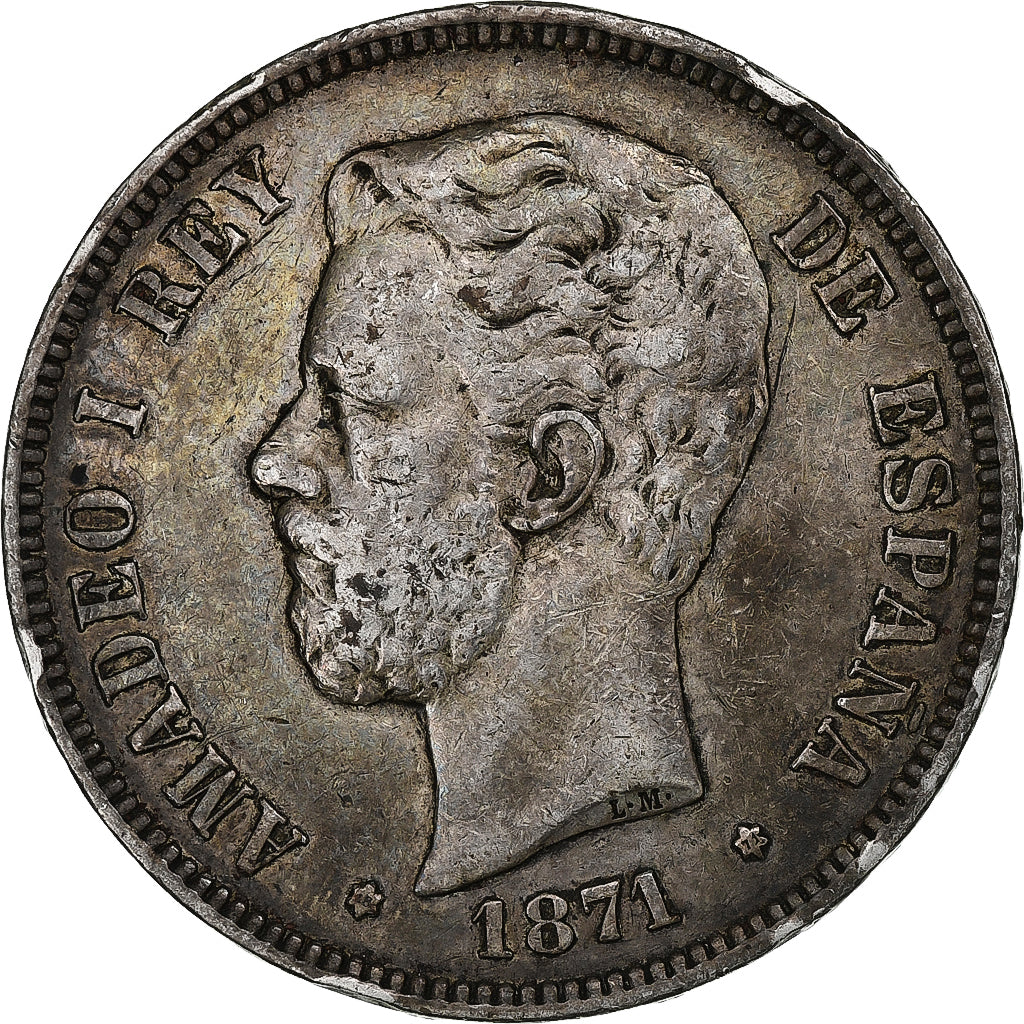 España, Amadeao I, 5 Pesetas, 1871, Madrid, Plata, MBC, KM:666