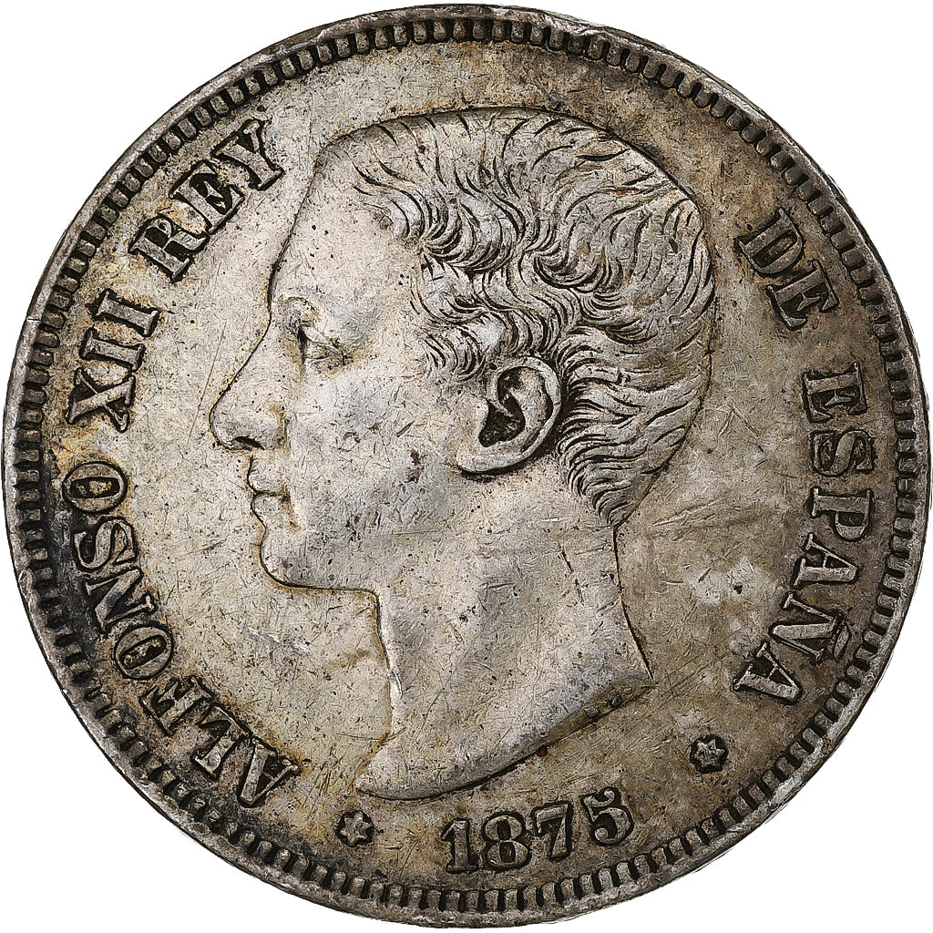 España, Alfonso XII, 5 Pesetas, 1875, Madrid, Plata, MBC+, KM:671