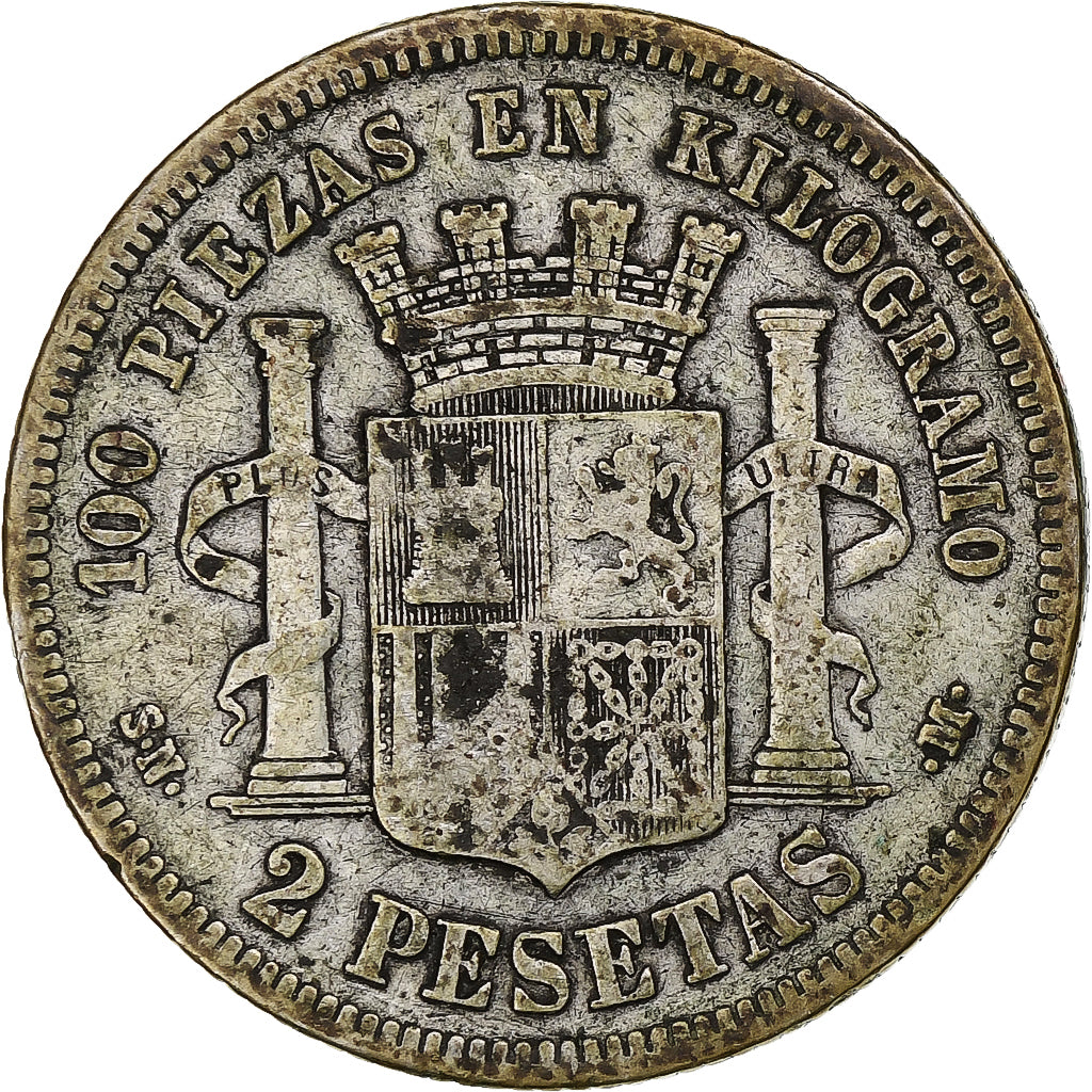 Spagna, Provisional Government, 2 Pesetas, 1869, Madrid, Argento, MB+, KM:654