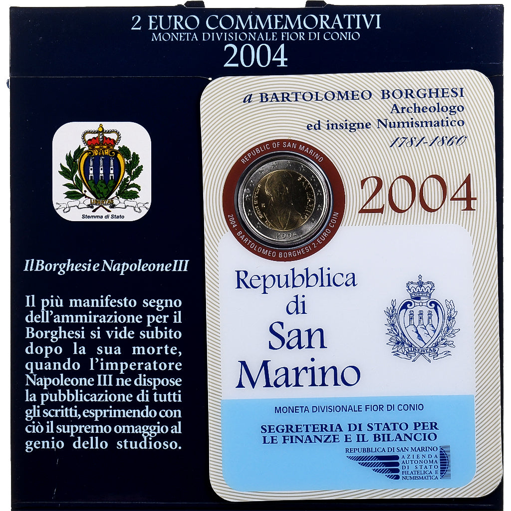 San Marino, 2 Euro, Bartolomeo Borghesi, FDC, 2004, Rome, Bi-Metallic, MS(65-70)