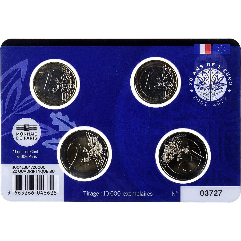 França, 1€ & 2€ x 2, 20 Ans de l'Euro, BU, 2022, MDP, Bimetálico