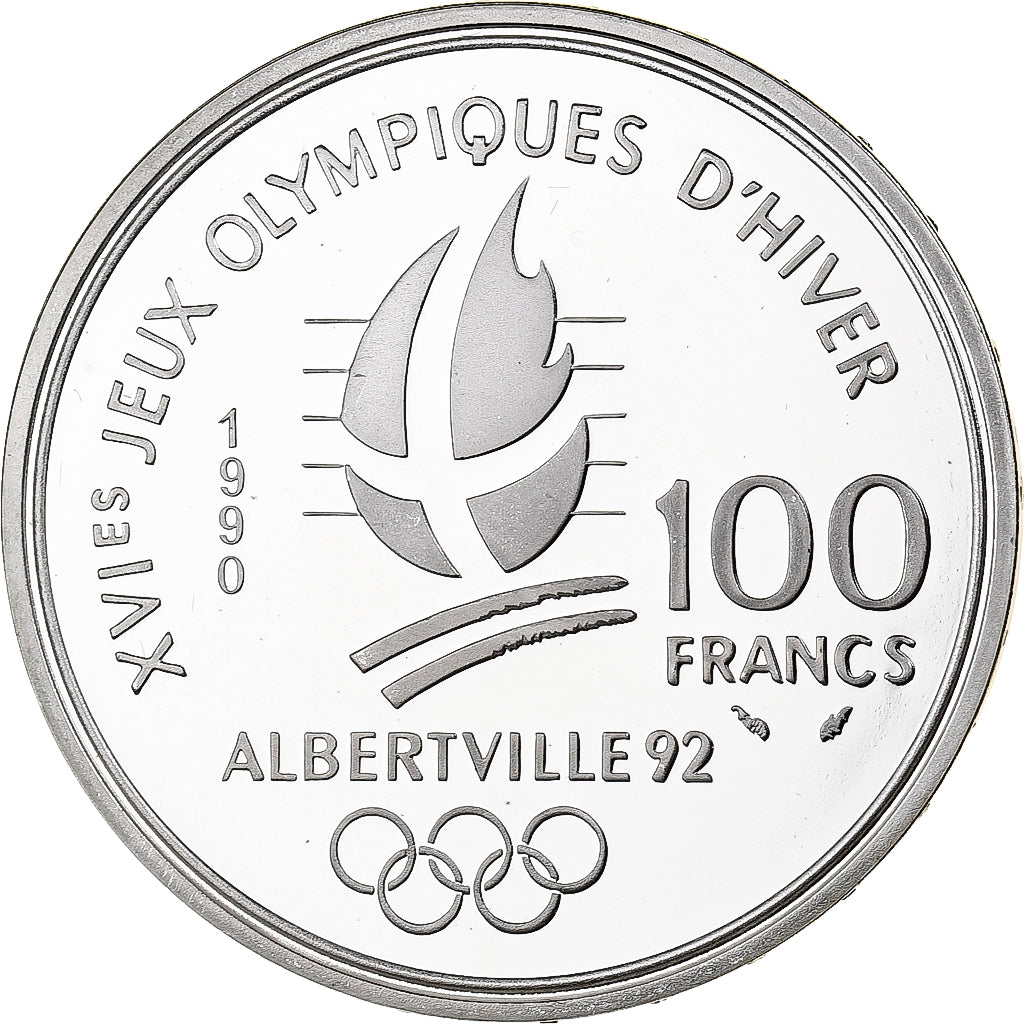 France, 100 Francs, Albertville - Slalom, 1990, MDP, Proof, Silver, MS(65-70)