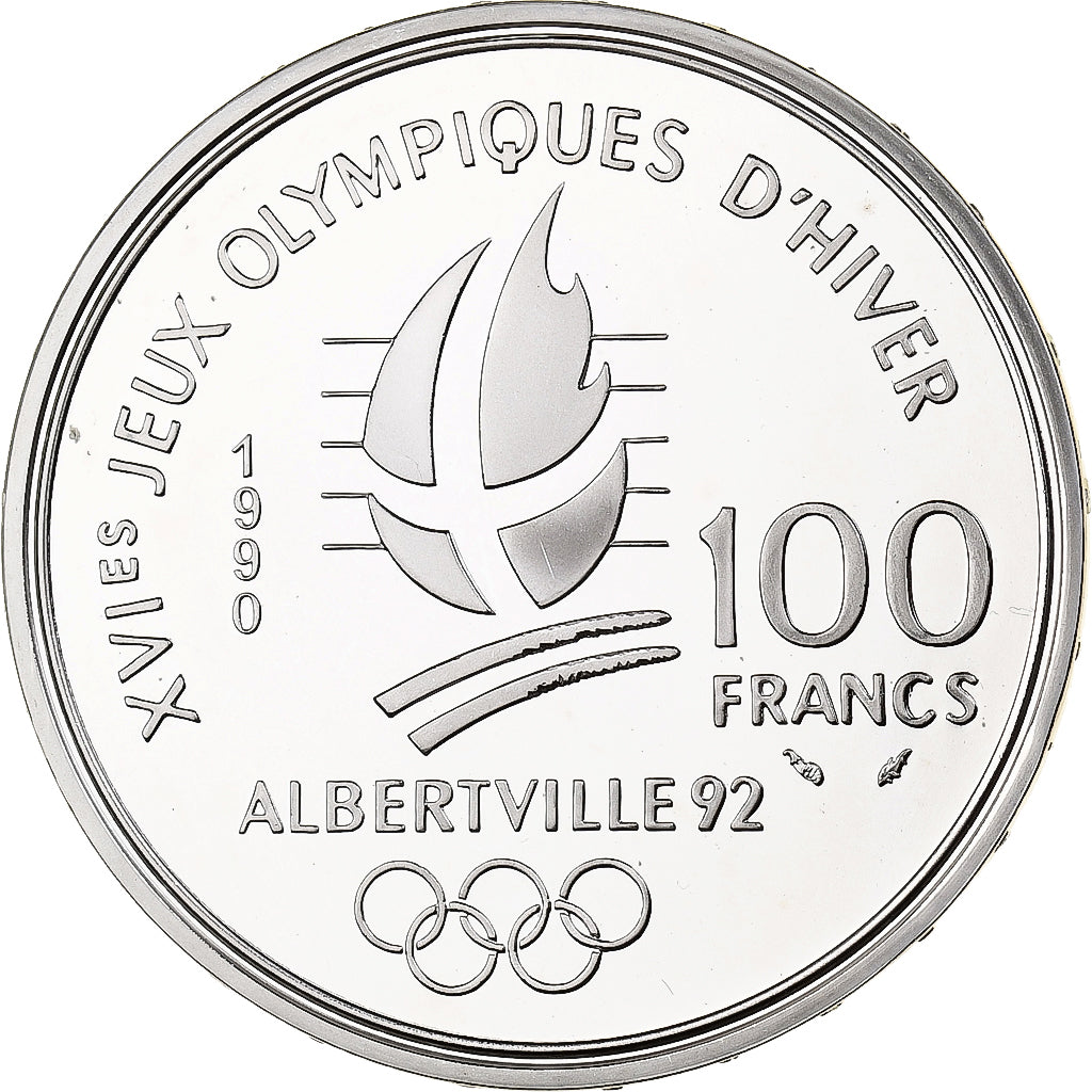 France, 100 Francs, Albertville - Bobsleigh, 1990, MDP, Proof, Silver, MS(65-70)