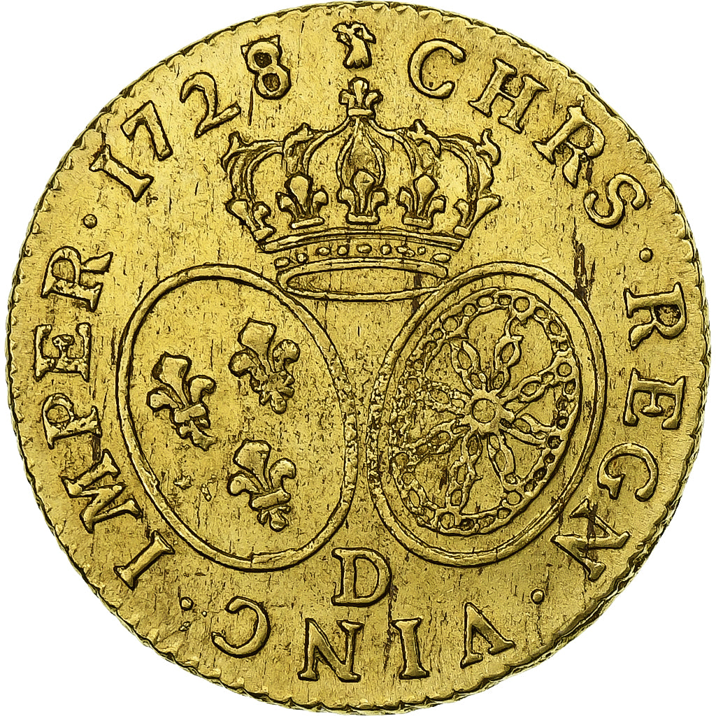 France, Louis XV, Louis d'or aux lunettes, 1728/7, Lyon, Gold, AU(50-53)