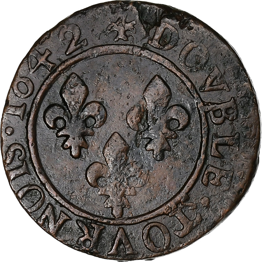 Frankrijk, Louis XIII, Double Tournois, 1642, Koper, FR+, Gadoury:12