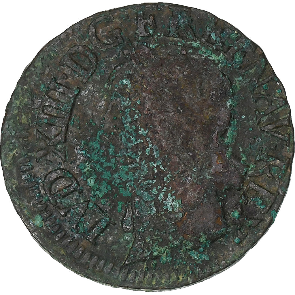France, Louis XIII, Double Tournois, 1643, La Rochelle, Copper, F(12-15)