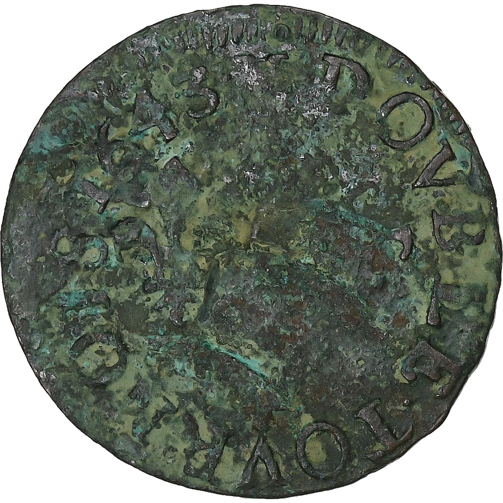 France, Louis XIII, Double Tournois, 1643, La Rochelle, Copper, F(12-15)