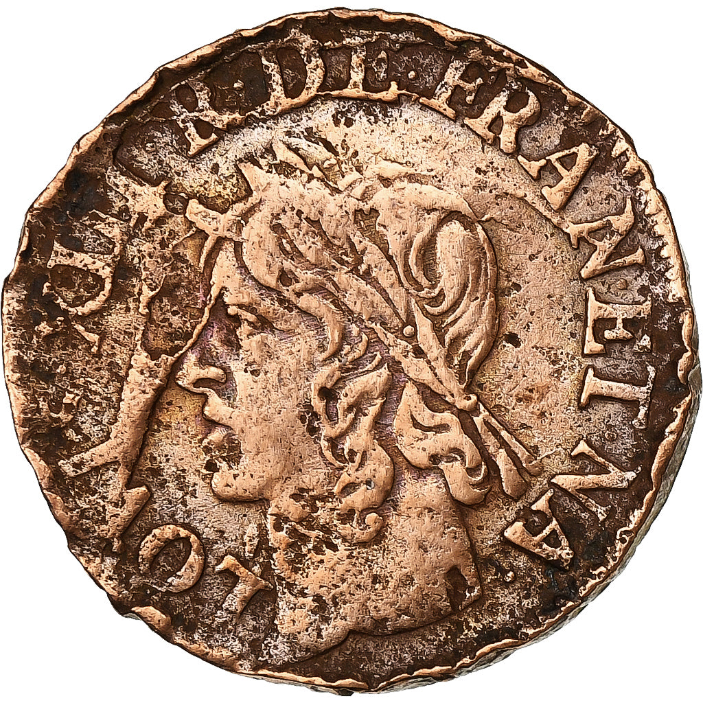 France, Louis XIII, Double Tournois, 1642, Copper, VF(30-35), Gadoury:12