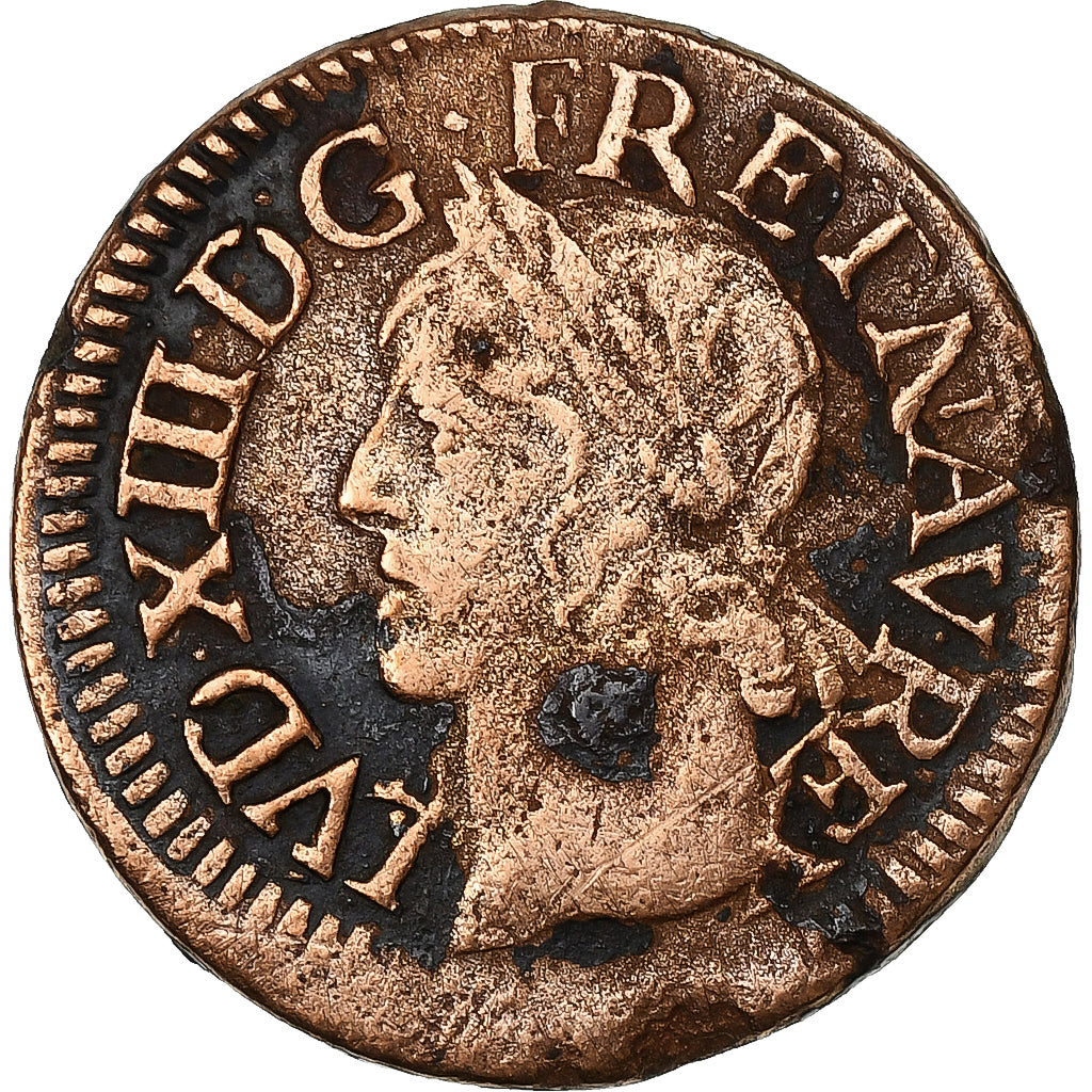 France, Louis XIII, Double Tournois, 1642, La Rochelle, Copper, VF(30-35)