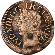 France, Louis XIII, Double Tournois, 1642, La Rochelle, Copper, VF(30-35)