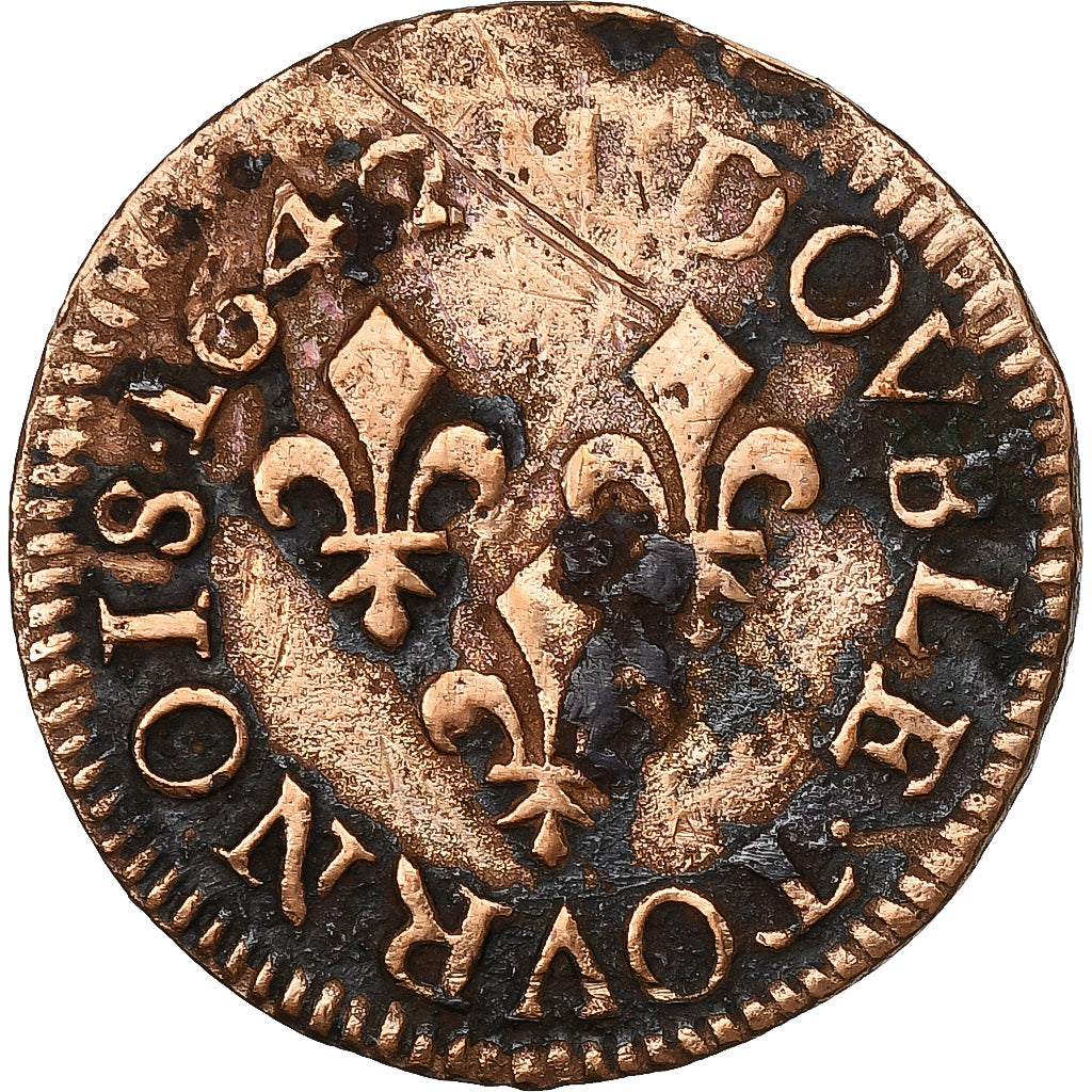 France, Louis XIII, Double Tournois, 1642, La Rochelle, Copper, VF(30-35)