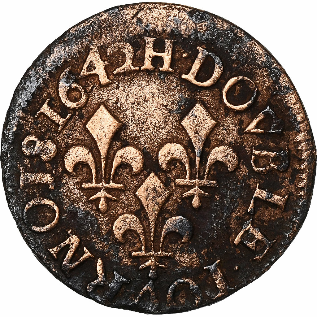 France, Louis XIII, Double Tournois, 1642, La Rochelle, Copper, VF(30-35)
