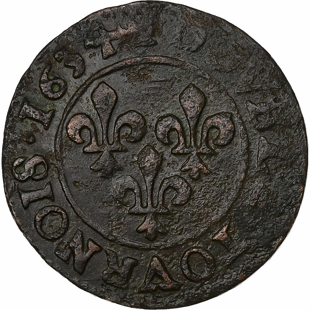 França, Louis XIII, Double Tournois, 1634, Lyon, Cobre, VF(20-25), Gadoury:9a