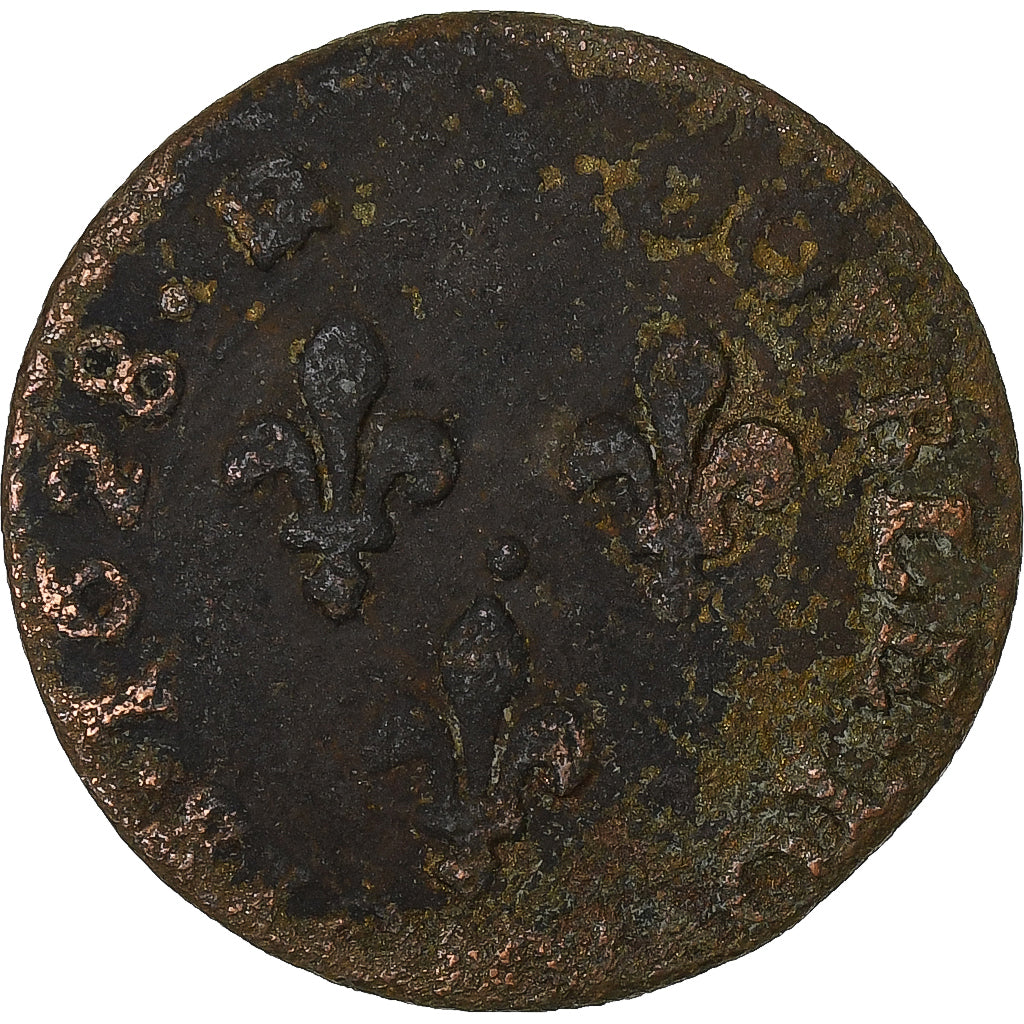 Frankrijk, Louis XIII, Double Tournois, 1628, Koper, ZG+, Gadoury:8