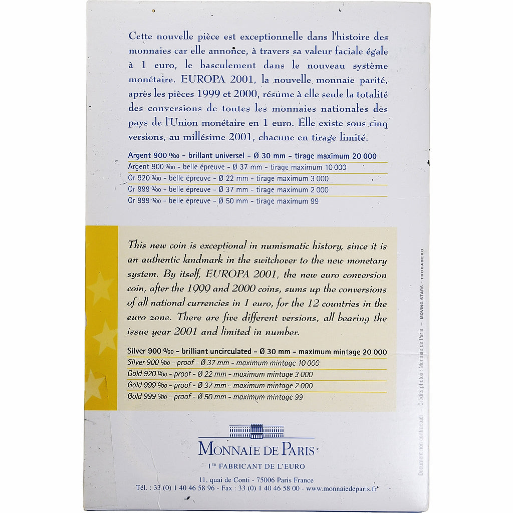 Francja, 6.55957 Francs, Europa - monnaie parité, 2001, Monnaie de Paris