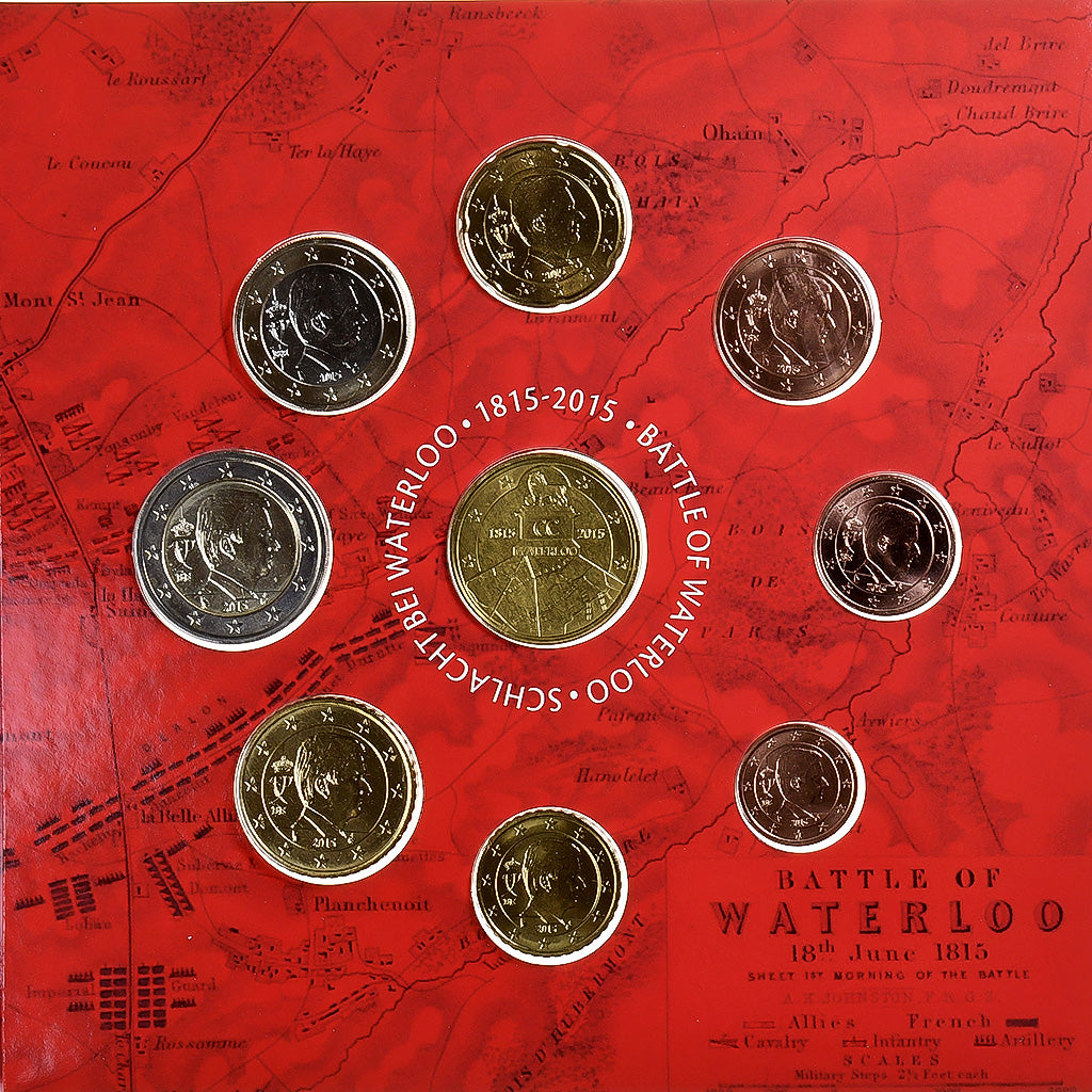 Belgium, 1 Cent to 2 Euro, Bataille de Waterloo, FDC, 2015, Brussels, MS(65-70)