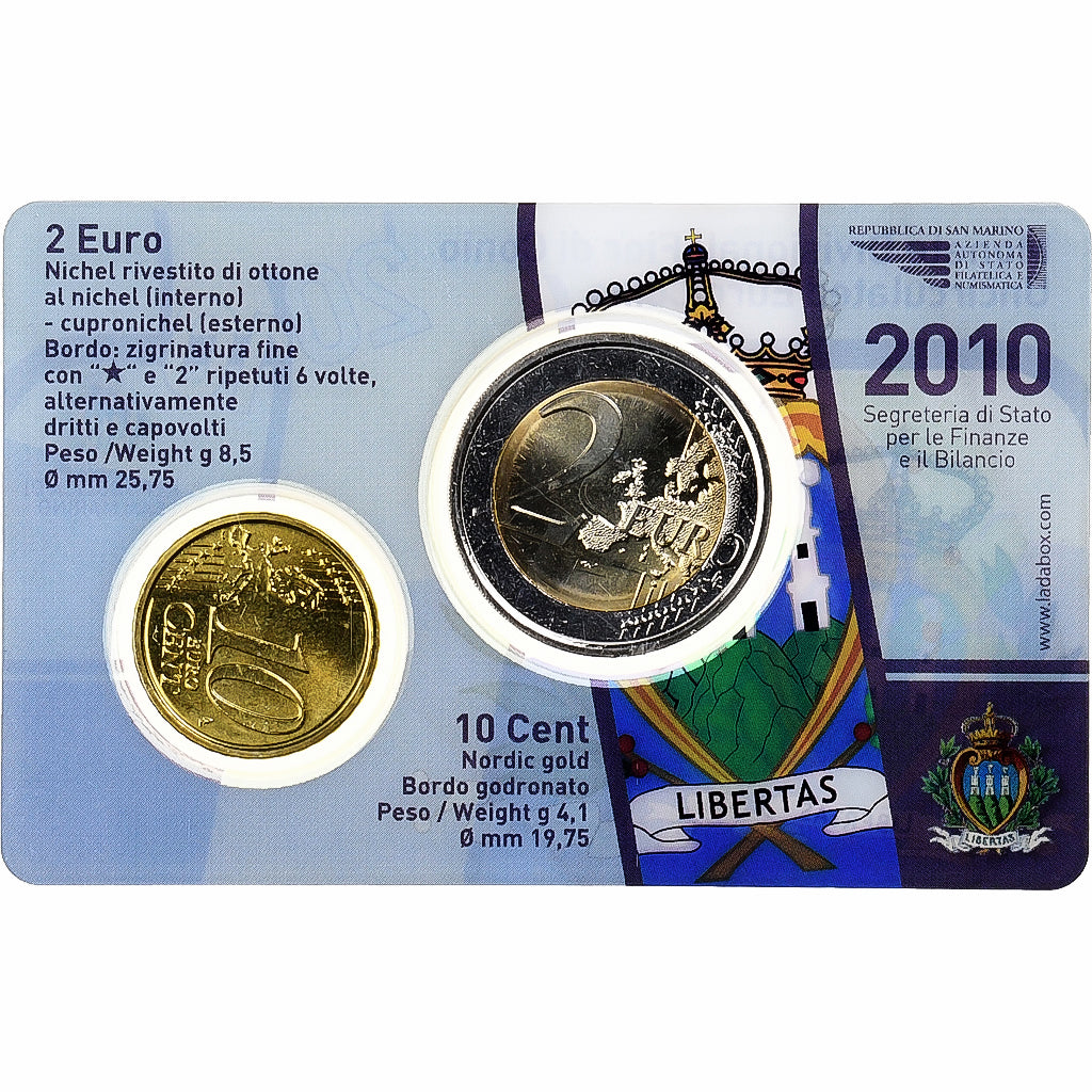 San Marino, 10 c. + 2€, FDC, 2010, Rome, Bi-Metallic, MS(65-70)