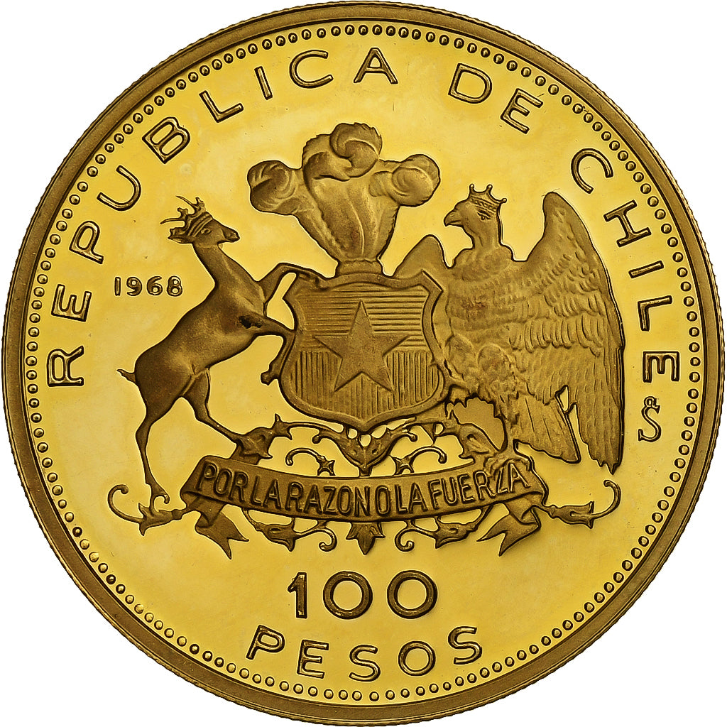 Cile, 100 Pesos, 150th Ann. of National Coinage, 1968, Santiago, FS, Oro, SPL