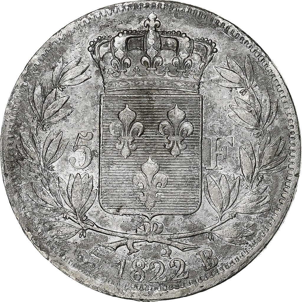 Francia, Louis XVIII, 5 Francs, 1822, Rouen, Argento, BB, Gadoury:614, KM:711.2