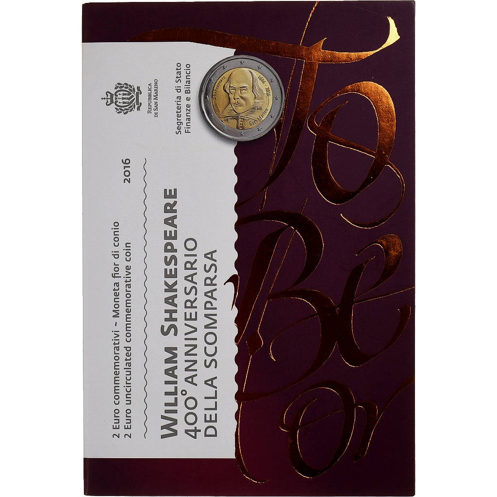 San Marino, 2 Euro, William Shakespeare, FDC, 2016, Rome, Bi-Metallic, MS(65-70)