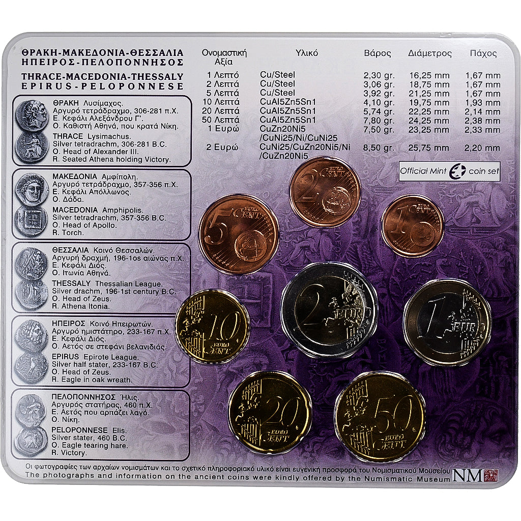 Grecia, 1 Cent to 2 Euro, BU, 2008, Athens, N.C., FDC