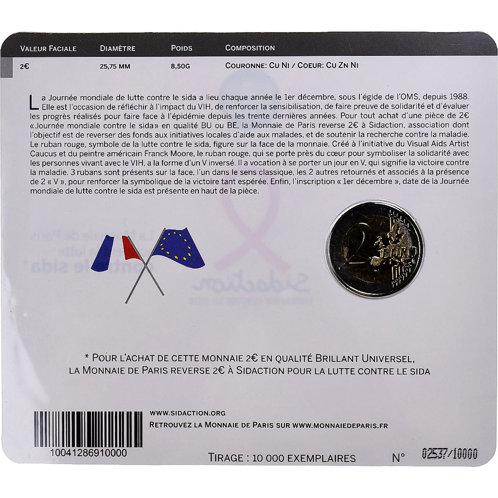 France, 2 Euro, Sidaction, BU, Colourized, 2014, Monnaie de Paris, Bi-Metallic
