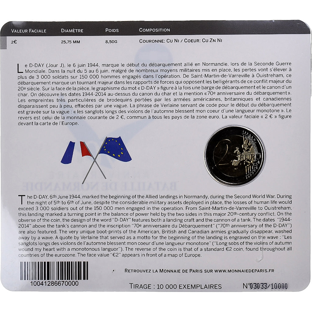 France, 2 Euro, D-day, BU, 2014, Monnaie de Paris, Bi-Metallic, MS(65-70)