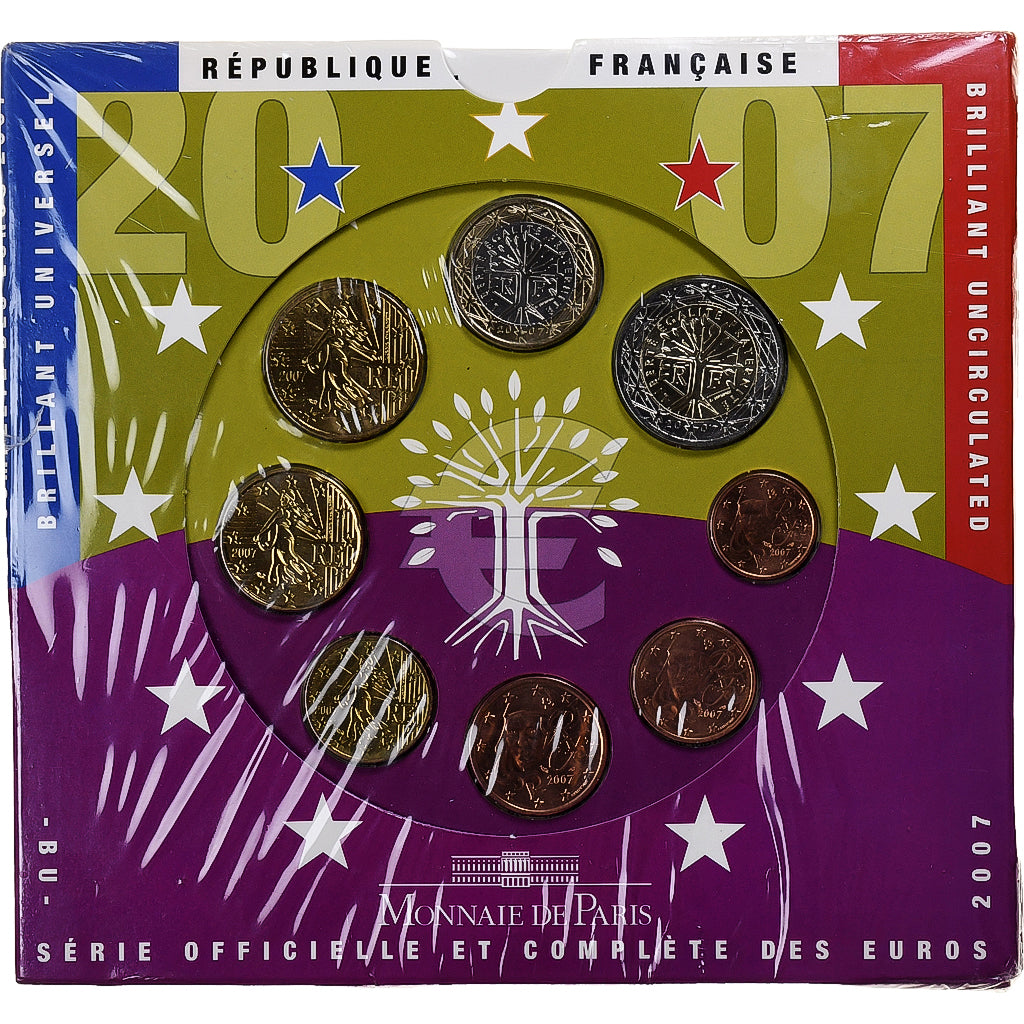 France, 1 Cent to 2 Euro, BU, 2007, Monnaie de Paris, MS(65-70)