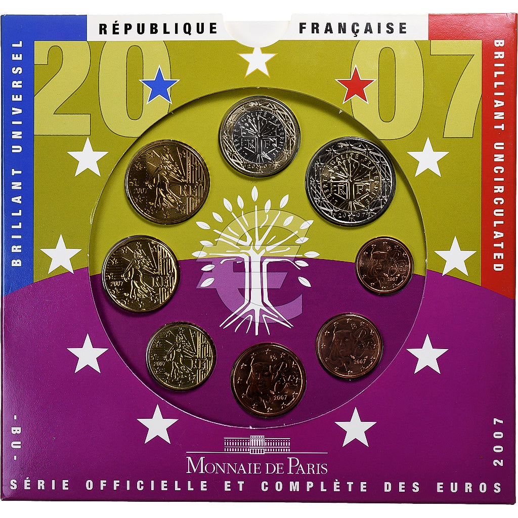 France, 1 Cent to 2 Euro, BU, 2007, Monnaie de Paris, FDC