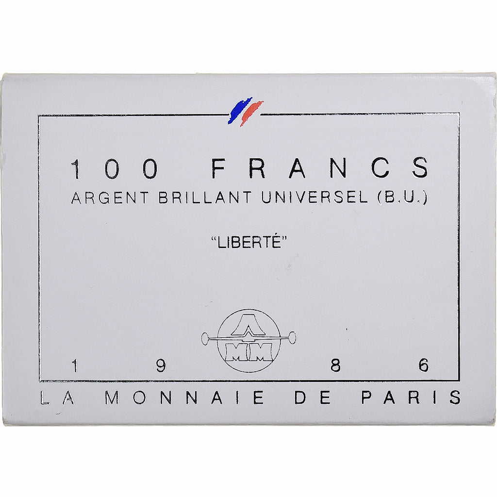 França, 100 Francs, Liberté, 1986, Monnaie de Paris, BU, Prata, MS(65-70)