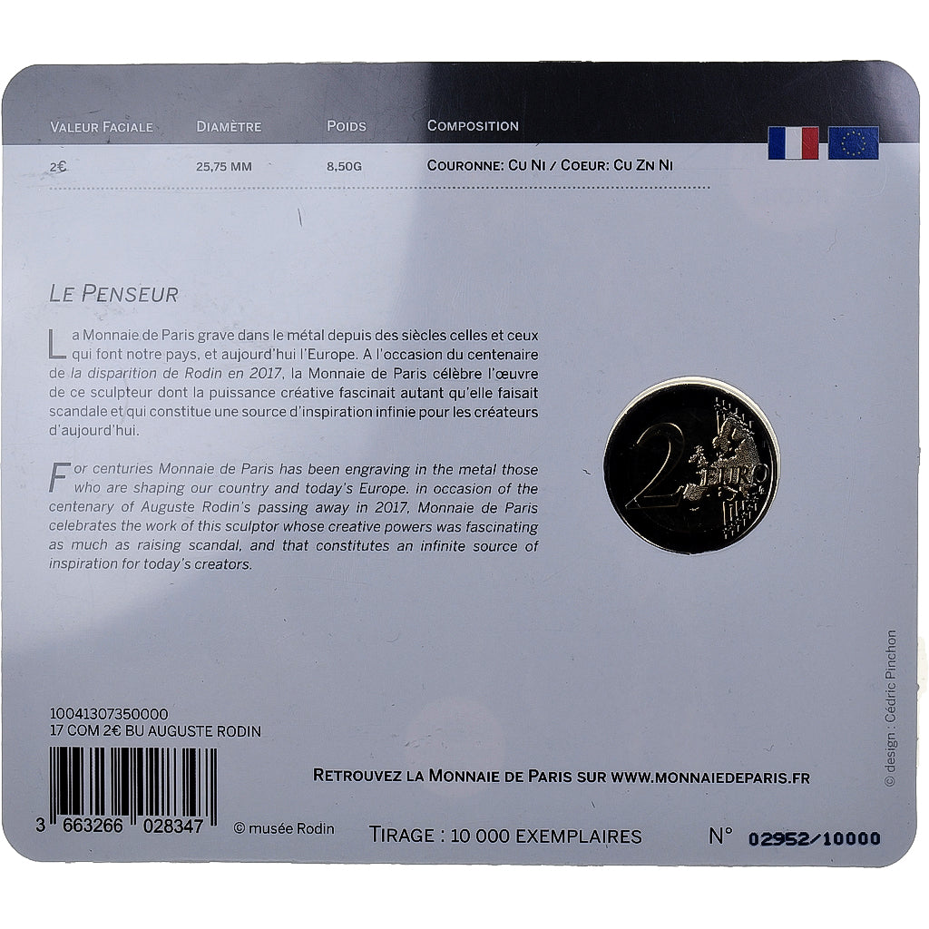France, 2 Euro, Auguste Rodin, BU, 2017, Monnaie de Paris, Bi-Metallic