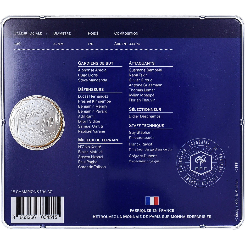 Francia, 10 Euro, Champions du Monde, 2018, Monnaie de Paris, Plata, FDC