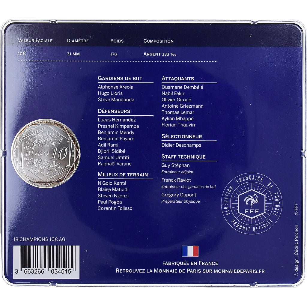 Francia, 10 Euro, Champions du Monde, 2018, Monnaie de Paris, Plata, FDC