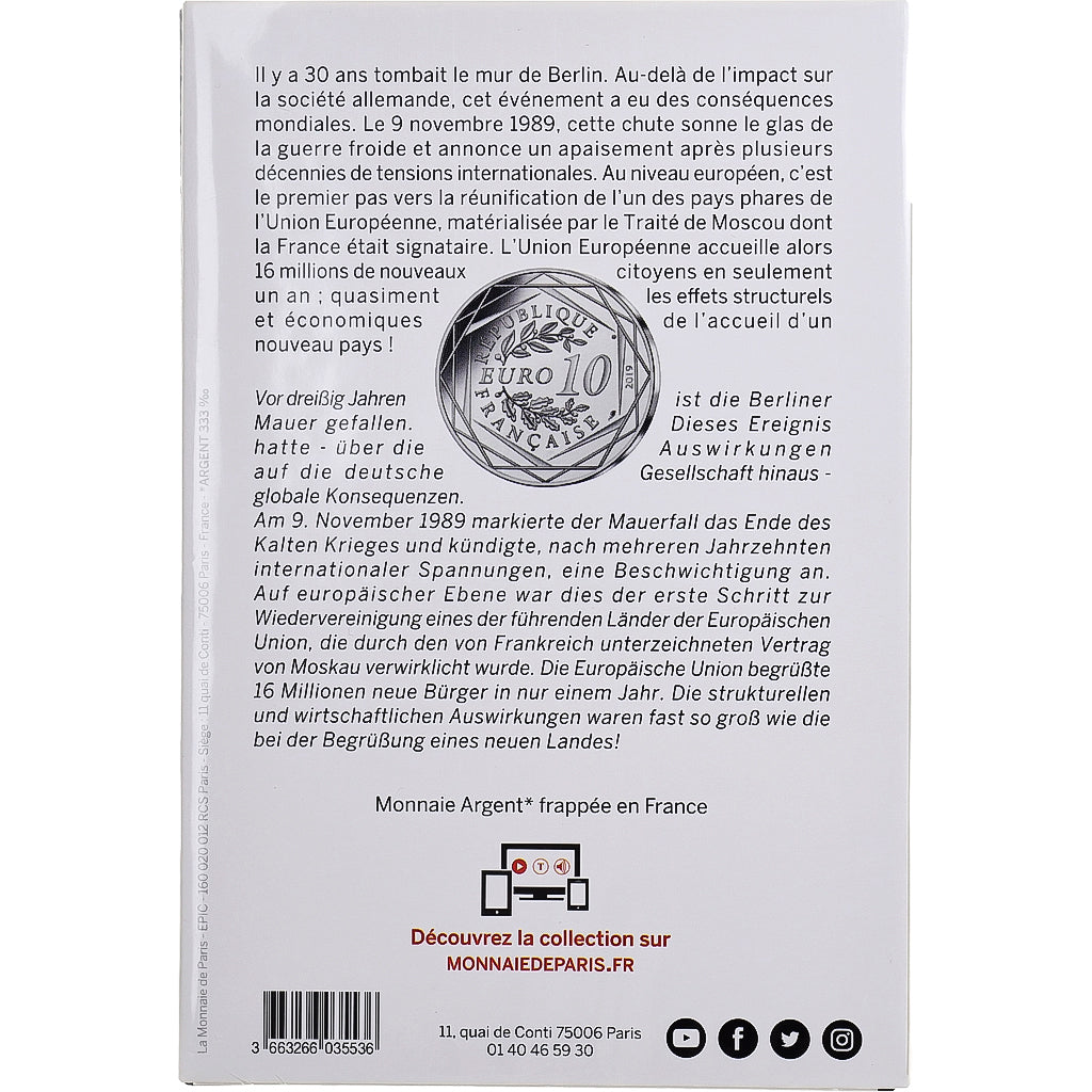 France, 10 Euro, Chute du Mur de Berlin, 2019, Monnaie de Paris, Silver