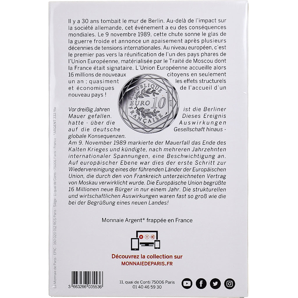 France, 10 Euro, Chute du Mur de Berlin, 2019, Monnaie de Paris, Argent, FDC