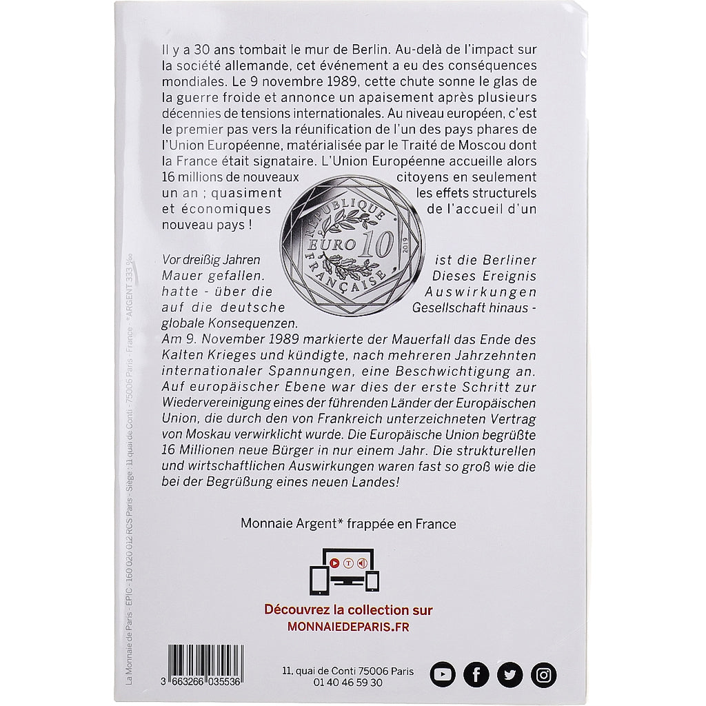 Francja, 10 Euro, Chute du Mur de Berlin, 2019, Monnaie de Paris, Srebro