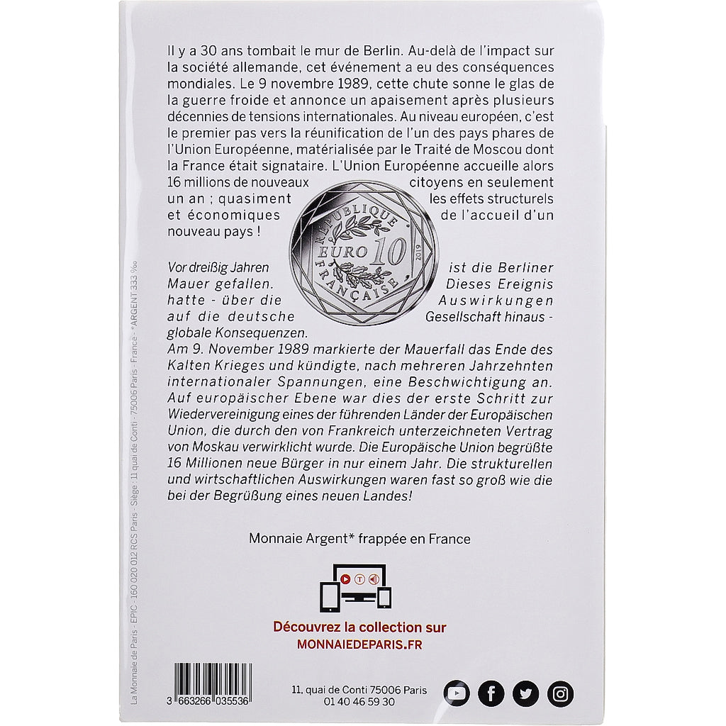 France, 10 Euro, Chute du Mur de Berlin, 2019, Monnaie de Paris, Argent, FDC