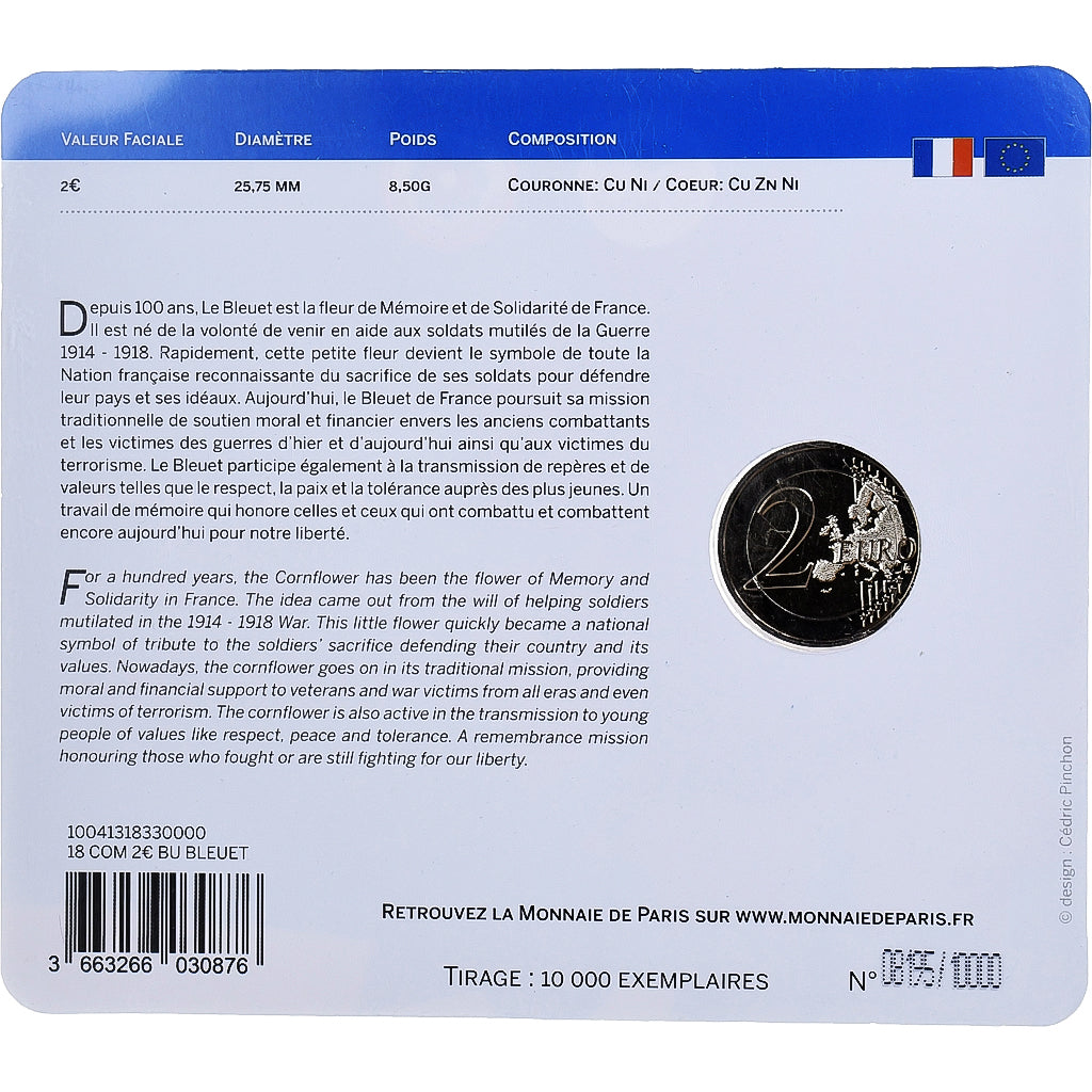 France, 2 Euro, Bleuet de France, BU, colorisée, 2018, Monnaie de Paris