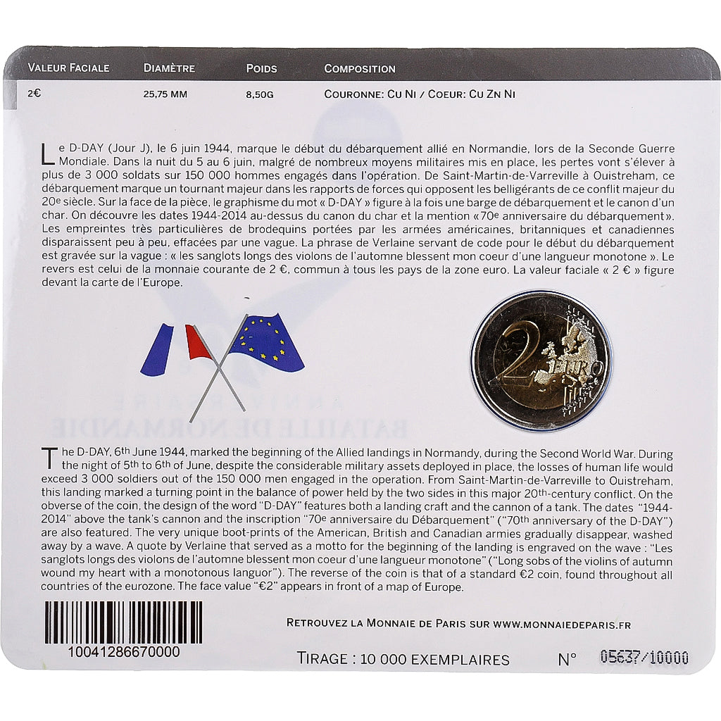Frankreich, 2 Euro, D-day, BU, 2014, Monnaie de Paris, Bi-Metallic, STGL
