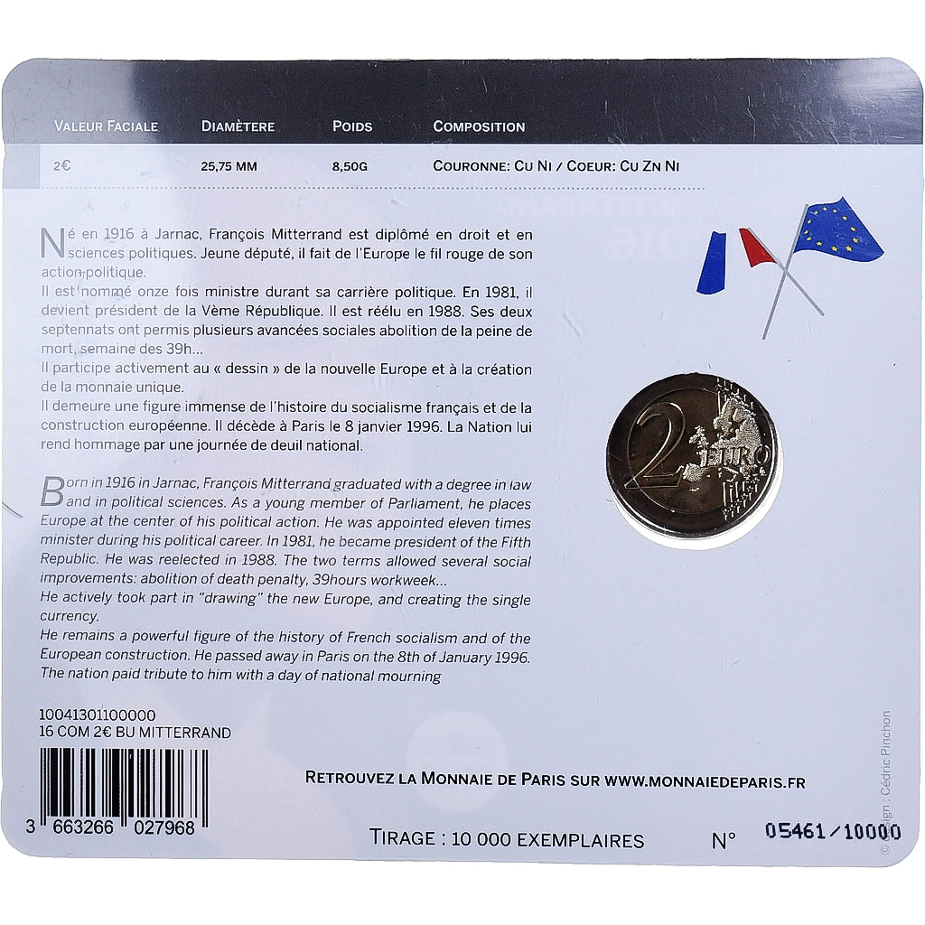 France, 2 Euro, François Mitterrand, BU, 2016, Monnaie de Paris, Bimétallique
