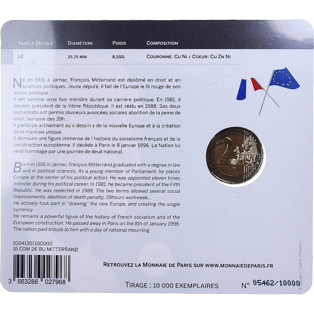 France, 2 Euro, François Mitterrand, BU, 2016, Monnaie de Paris, Bi-Metallic