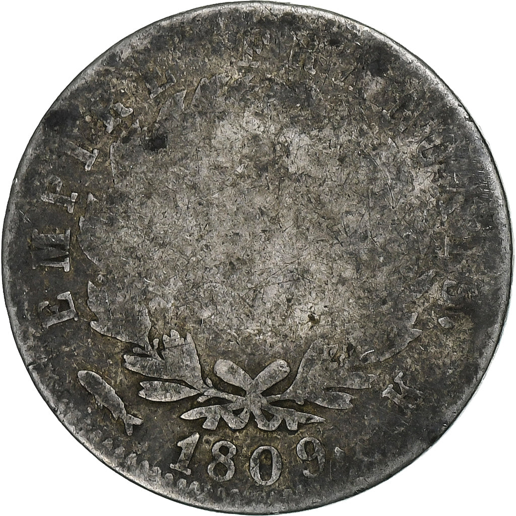 Francja, Napoleon I, Franc, 1809, Bordeaux, Srebro, VG(8-10), Gadoury:447