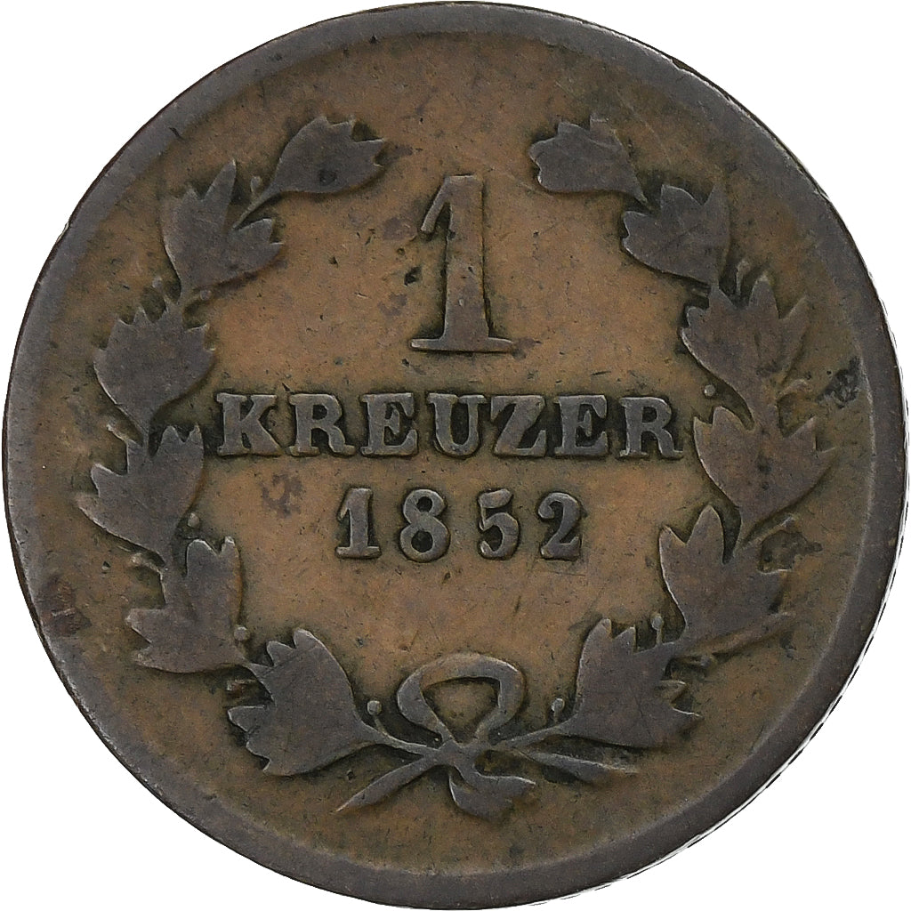 Grand Duchy of Baden, Leopold I, Kreuzer, 1852, Rame, MB, KM:218.2