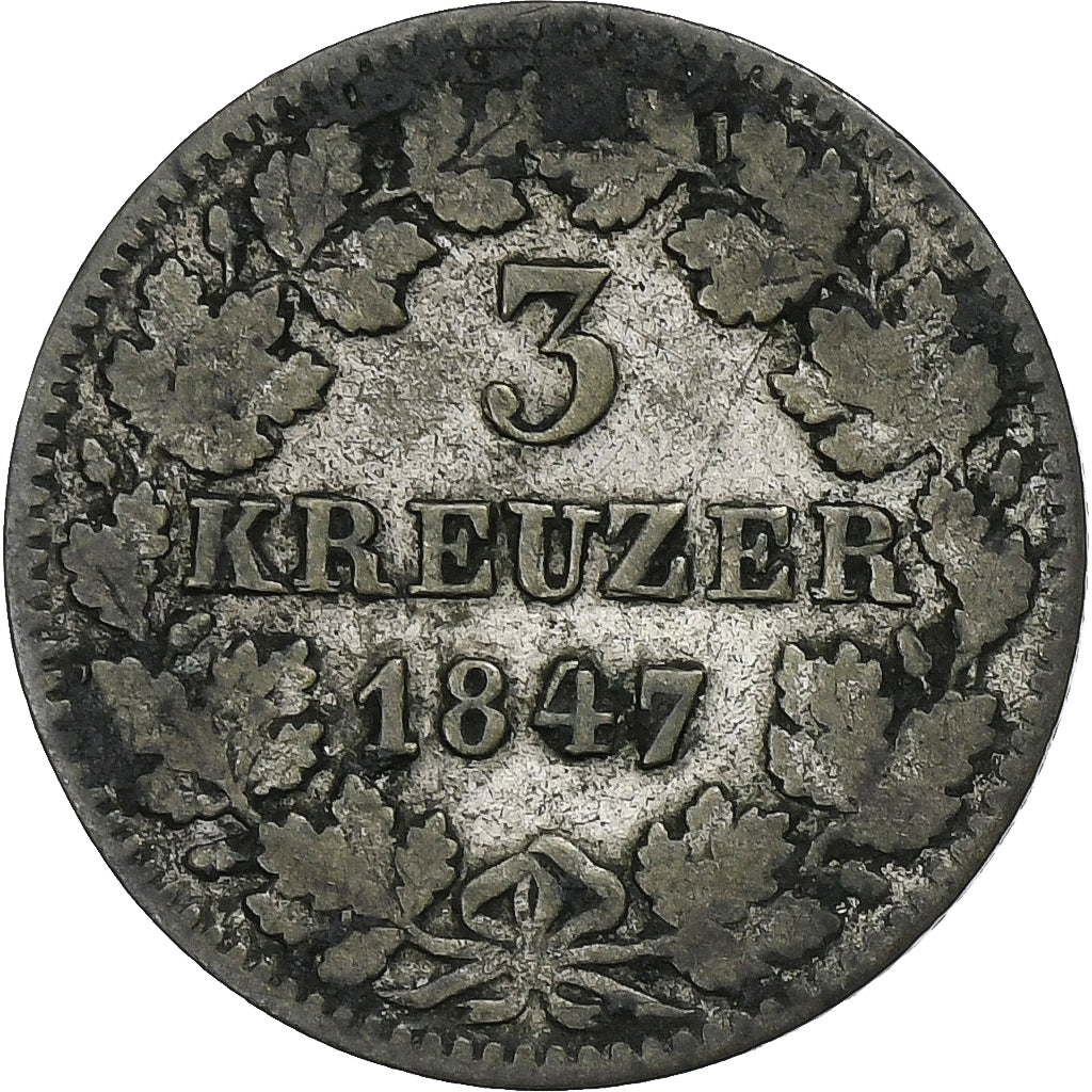 Grand Duchy of Baden, Leopold I, 3 Kreuzer, 1847, Billon, FR, KM:211