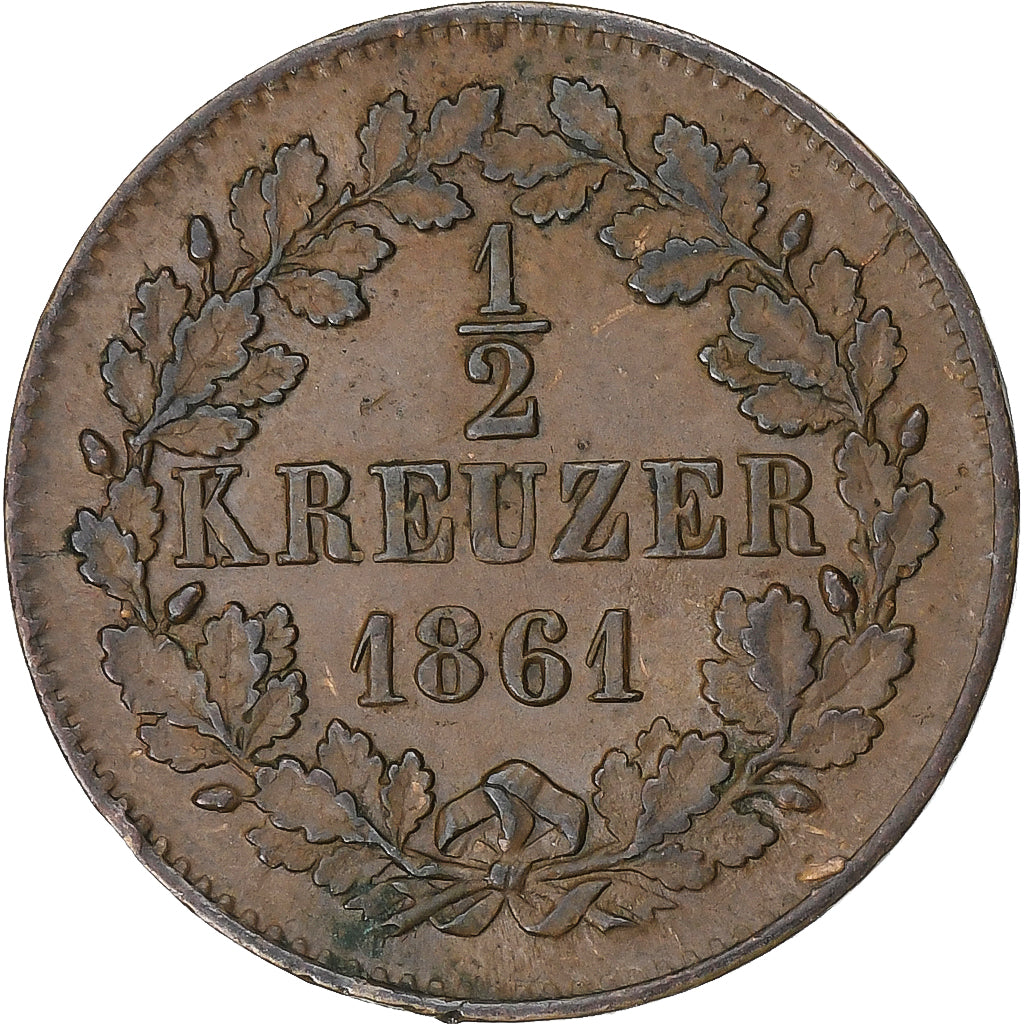 Grand Duchy of Baden, Friedrich I, 1/2 Kreuzer, 1861, Karlsruhe, Kupfer, SS