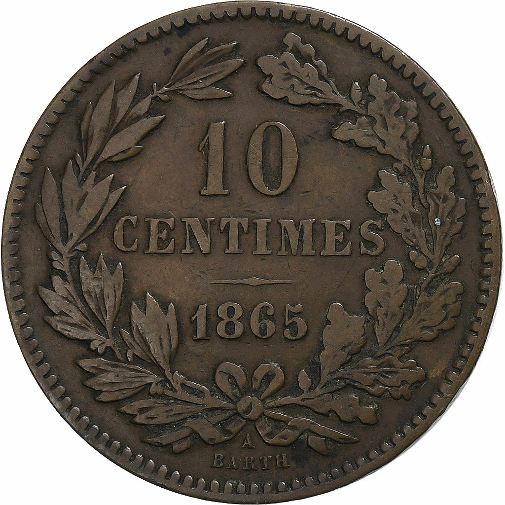 Luxemburgo, Guillaume III, 10 Centimes, 1865, Paris, Bronze, VF(30-35), KM:23.2