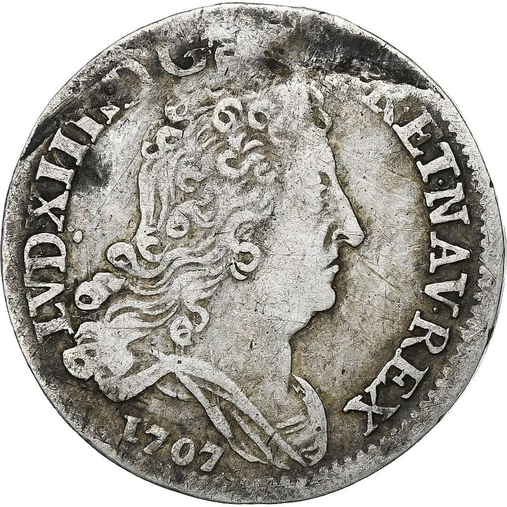 Francia, Louis XIV, 10 Sols aux insignes, 1707, Argento, MB+, Gadoury:133