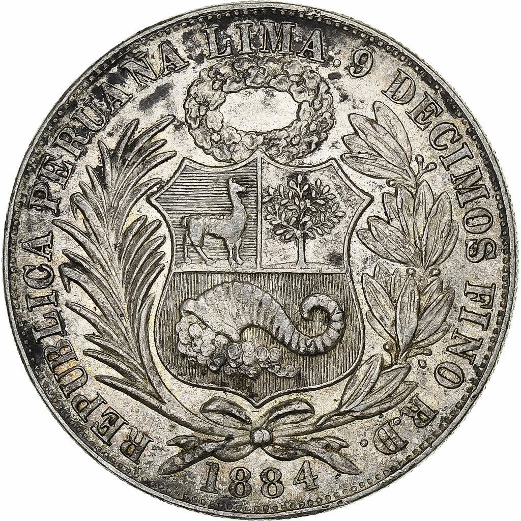 Peru, Sol, 1884, Lima, Prata, AU(50-53), KM:196