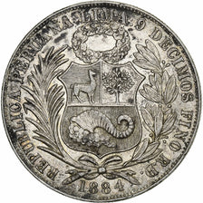 Peru, Sol, 1884, Lima, Prata, AU(50-53), KM:196