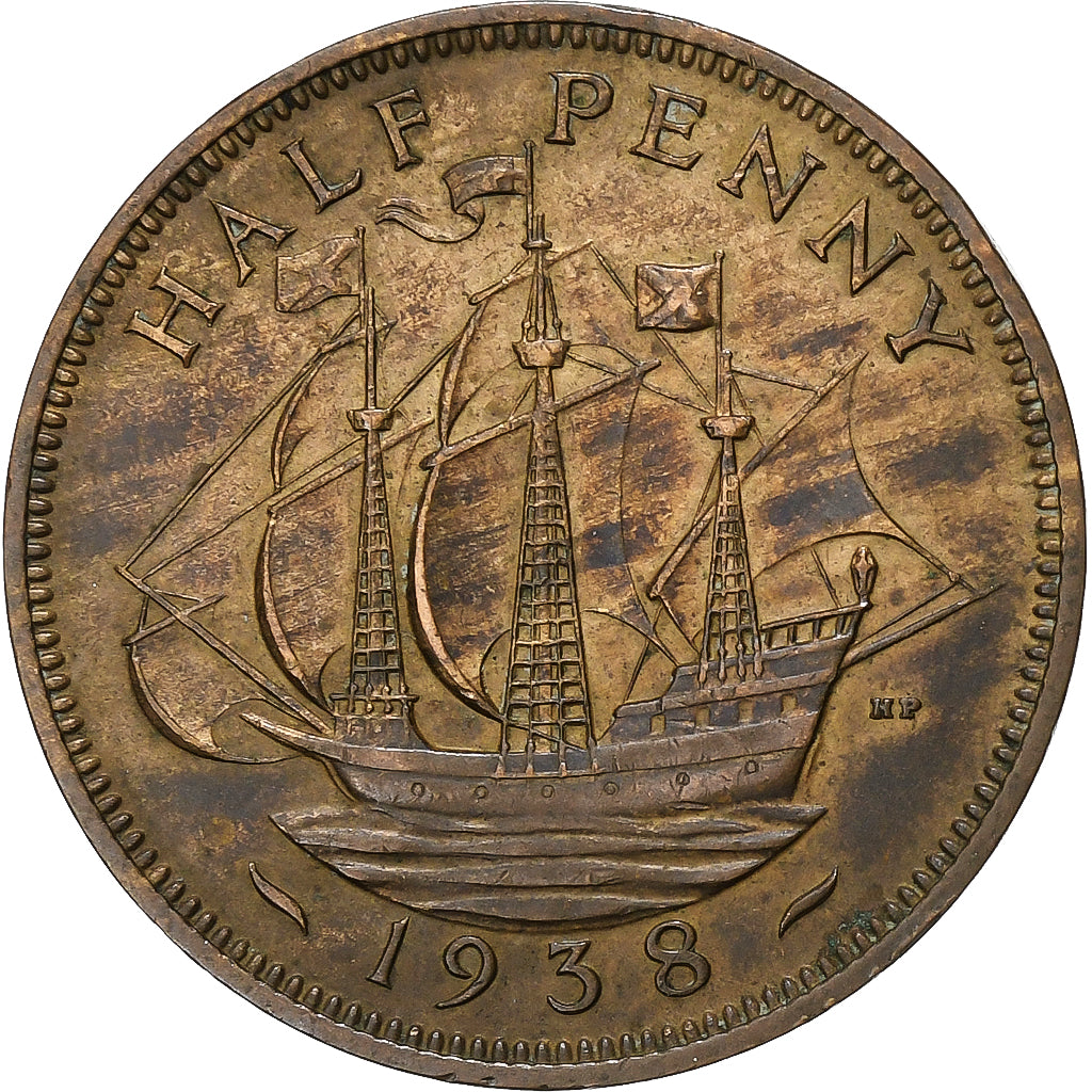 United Kingdom, George VI, 1/2 Penny, 1938, London, Bronze, AU(50-53), KM:844